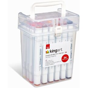 KINGART 424-24C PRO Double-Ended Alcohol Ink Art Markers, 24 PORTRAIT Colors, Fine Point & Chisel Tips, Permanent with Superior Blendability, Includes Plastic Case, 24 Pc.