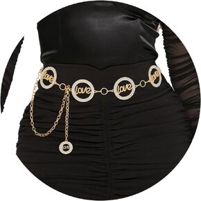 Metal Letter Waist Chain Gold Rhinestone Circle Belly Chain Belt Adjustable Pendant Body Chains Jewelry Accessories for Women and Girls