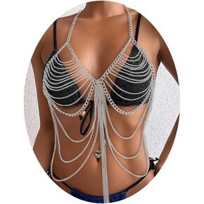 Boho Body Chain Bra Silver Sexy Bikini Tassel Chest Chains Chest Body Halter Backless Beach Mesh Tops Layered Rave Outfits Jewelry Body Accessories Jewelry for Women and Girls