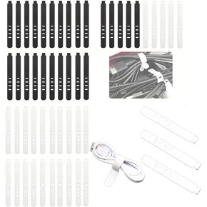 50 PCS Silicone Cable Ties,Reusable Cable Management Organizer, Multipurpose Elastic Cord Organizer for Bundling and Fastening Cable Cords Wires(black,white)