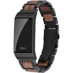 Wood Band Compatible for Fitbit Charge 4/3 Bands,Sandalwood Stainless Steel Replacement Metal Watch Women Men Wristband Strap Blacelet