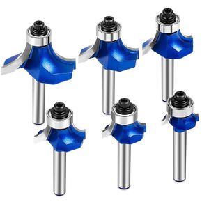 6Pcs Roundover Router Bit 1/4 Shank, Radius in 1/8" 3/16" 1/4" 5/16" 3/8" 1/2", Carbide Tip 2 Flutes Rounding Over Edge Forming Router Bit with Bearing Guide CNC Woodworking Tool