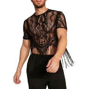 SHENHE Men's Sheer Floral Lace Fringe Short Sleeve Crewneck Cropped Tee Party Shirt Top