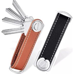 2PC Leather Key Organizer Compact Key Holder Folding Pocket Keychain PU Key Lanyard for Men Black, Brown