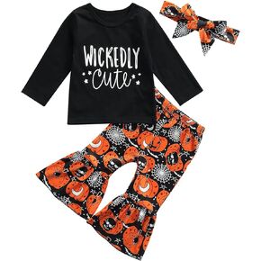 Toddler Baby Girls Halloween 3PCS Outfits Long Sleeve Letters Tops Pumpkin Bell-Bottoms Flare Pants with Headband