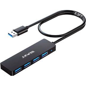 USB Hub, AKWOR 4-Port USB 3.0 Hub USB Splitter USB Expander for Laptop, Xbox, Flash Drive, HDD, Console, Printer, Camera,Keyborad, Mouse-3.3FT