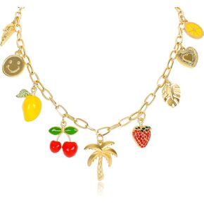 Gold Charm Necklace for Women Teen Girls Hawaii Style Chain Necklace with Cute Dangle Coconut Tree Cherry Lemon Mango Strawberry Heart Fruit Bow Pendant Trendy Y2K Summer Beach Jewelry Gift