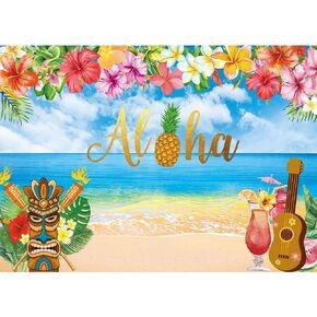 Allenjoy 8x6ft Summer Aloha Luau Party Backdrop for Tropical Hawaiian Beach Photography Background Sea Palm Birthday Musical Party Baby Shower Banner Decoration Cake Table Photo Studio Booth Props