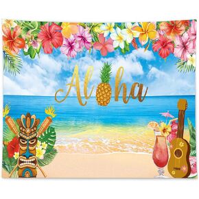 Allenjoy 8x6ft Summer Aloha Luau Party Backdrop for Tropical Hawaiian Beach Photography Background Sea Palm Birthday Musical Party Baby Shower Banner Decoration Cake Table Photo Studio Booth Props