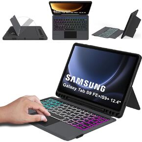 for 12.4 inch Samsung Galaxy Tab S9 FE+/S9+ Case with Detachable Keyboard : DIY 3-Zone 7 Colors Backlit Keyboard Cases with Touchpad - Tab S9 FE Plus/S9 Plus 12.4" Keyboard Case with S Pen Holder