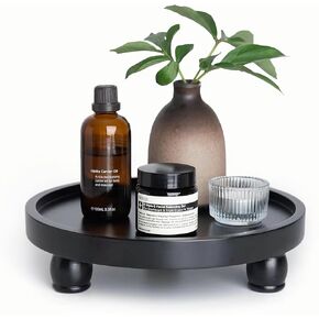 ROSE BLOOM Modern Wood Riser for Display, Farmhouse Pedestal Stand for Bathroom Counter, Kitchen Round Display Tray, Waterproof Organizer for Soap Home Decor (Black)