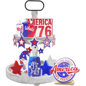 13 Pcs 4th of July Tiered Tray Decor, Patriotic Wooden Independence Day Tiered Tray Decor, Memorial Day Blue White Red Farmhouse Decorative Trays Centerpieces