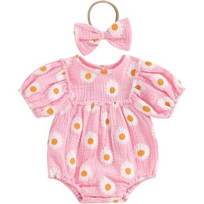 Newborn Baby Girl Romper Clothes Set Daisy Puff Sleeve Bodysuit + Bowknot Headband Infant Girl Summer Outfits in Saudi Arabia