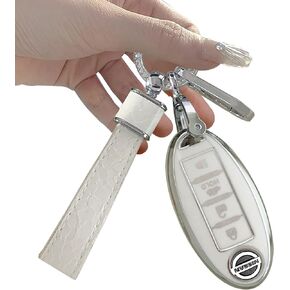 for Nissan Key fob Cover Two different materials keychain Accessories 5 colors TPU key Cover for Nissan 3/4/5 Buttons Altima Maxima Rogue Armada Pathfinder Smart Key 。 (3 buttons. Silver trim! White!)