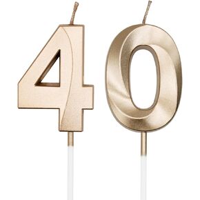 Champagne Gold 40th Birthday Candles for Cakes, Number 40 Candle Cake Cupcake Topper for Birthday Anniversary Party Decoration