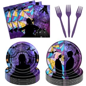 96 Pcs Wednesday Plates and Napkins Party Supplies Gothic Wednesday Party Supplies Including Wednesday Party Plates and Napkins Forks, Wednesday Party Favors Wednesday Birthday Decorations for Girls