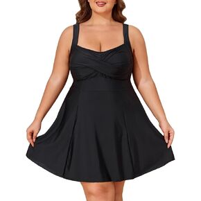 Smismivo Plus Size Swim Dress Tummy Control Swimdress for Women One Piece Swimsuit Built in Shorts Retro Bathing Suit