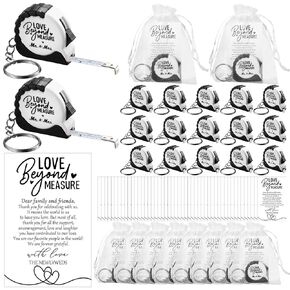 25 Sets Wedding Favors for Guests Tape Measure Keychains Bulk Mini Retractable Measuring Tapes with Thank You Cards Organza Gift Bags for Bridal Shower Wedding Party Souvenirs