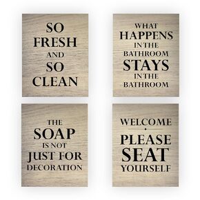 So Fresh So Clean - Funny Bathroom Wall Art Set of 4, Our Humorous Wood Replica Bathroom Pictures Wall Decor Sets are Great Bathroom Art Prints for Home & Guest Bathroom Decor! Unframed - 8X10