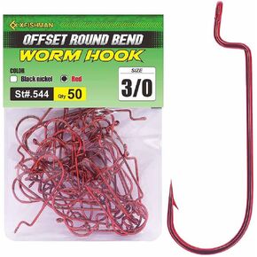 Offset-Worm-Hooks-for-Bass-Fishing-Round Bend Plastic Worms Texas Rig Hook Black Red 1/0 2/0 3/0 4/0