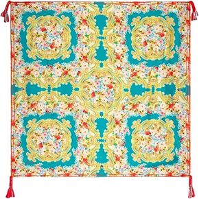 Johnny Was Kaleidoscopic Light Blue Red Flower Tassel Rivoray Scarf Silk New