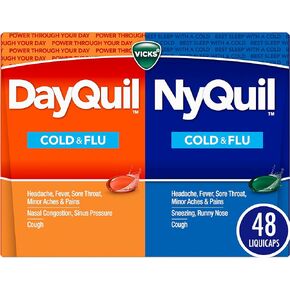 Vicks DayQuil and NyQuil Combo Pack, Cold & Flu Medicine, Powerful Multi-Symptom Daytime and Nighttime Relief For Headache, Fever, Sore Throat, Cough, 48 Count, 32 DayQuil and 16 NyQuil Liquicaps