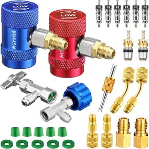 AC R1234YF Quick Couplers Adapters Set, R1234YF Self Sealing/Puncture Can Tap Valves, Tank adapter, R410A Charging Vacuum Port Adapter, Core Remover for Car Air Conditioner Refrigerant System