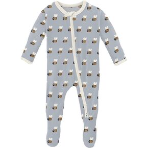KicKee Print Footie with Zipper, Fitted Long Sleeve Pajamas, Ultra Soft Everyday One-Piece Loungewear, Baby and Kid (Pearl Blue Baby Bumblebee - 3-6 Months)