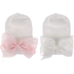 Newborn Hospital Hat Infant Baby Hat Solid Color Doughnut Hat (2 Pack Bow Ribbon / 0-3 Month, 0-3 Month)