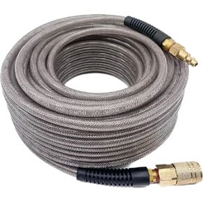 خرطوم هواء مقوى من مادة البولي يوريثين (PU) مقاس 1/4 بوصة × 100 قدم، مع وصلة توصيل سريعة صناعية دوارة مقاس 1/4 بوصة ومقبس، ومقيد للانحناء، رمادي in Kuwait