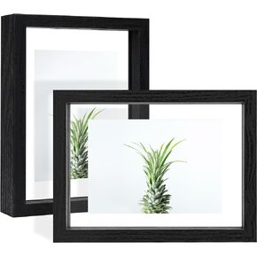 5x7 Floating Picture Frames Set of 2, Double Glass Photo Frame Wooden Frame for Wall Mount or Tabletop Displays for 3x5, 4x6 inch Pictures, Plane Edge Frames, Black