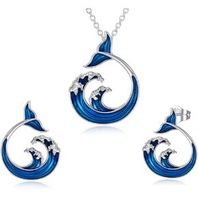 PELOVNY Ocean Wave Tail Necklace & Earrings 925 Sterling Silver Whale for Lover Nature Set for Women Waves Spray Gift for Girlfriend Teens (Wave & Tail)