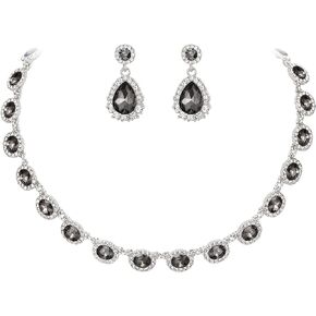 BriLove Wedding Jewelry Set for Women Bride Necklace Earrings Set Crystal Teardrop Oval Cluster Jewelry for Bridal Bridesmaid Party Prom