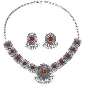 Vintage Austrian Crystal Kundan Necklace Earrings Jewelry Set for Women Girls Bride Indian Traditional Bollywood Statement Choker Punk Pendent Necklace Earring Tassel Dangling for Wedding Party Prom