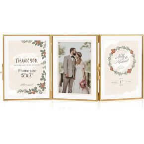 Gold 4x6 Triple Picture Frame, Gold Folding Picture Frames with Three Opening, Hinged Glass Floating Picture Frames for Artwork Photo Stand on Tabletop
