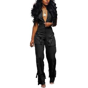 LKOUS Cargo Jumpsuits for Women Dressy, Sexy Short Sleeves V Neck Zipper One Piece Outfits with Pockets