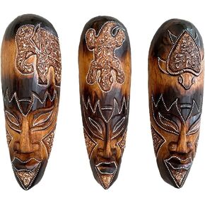 OMA Set Of (3) African Wall Masks With Stunning Details Hand Crafted Wooden Tribal Tiki Wall Hanging Home Decor Gift