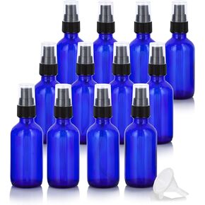 JUVITUS 2 oz Cobalt Blue Glass Boston Round Black Treatment Pump Bottle + Funnel (24 Pack)