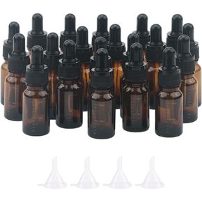 JIUWU 20pcs 10ml (0.3 Oz) Essential Oil Amber Dropper Bottle with Tapered Glass Droppers for Perfume Colognes Travel Sample Liquid Vials (4 Funnels Included)