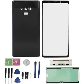 Front Glass Screen and Rear Glass Door for Galaxy Note 9, Back Battery Door Panel Housing with Camera Lens, LED Screens and Digitizers Not Included (Black)