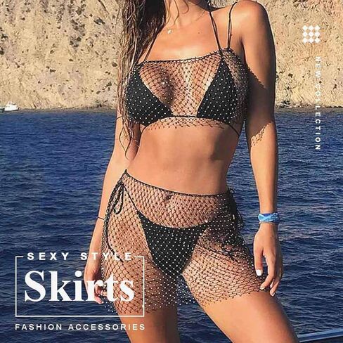 Earent كريستال شبكة التنانير الجسم سلسلة الرقص الشرقي الورك وشاح حجر الراين تنورة الشاطئ زي ملهى ليلي مجوهرات الجسم للنساء والفتيات (أسود) in Kuwait