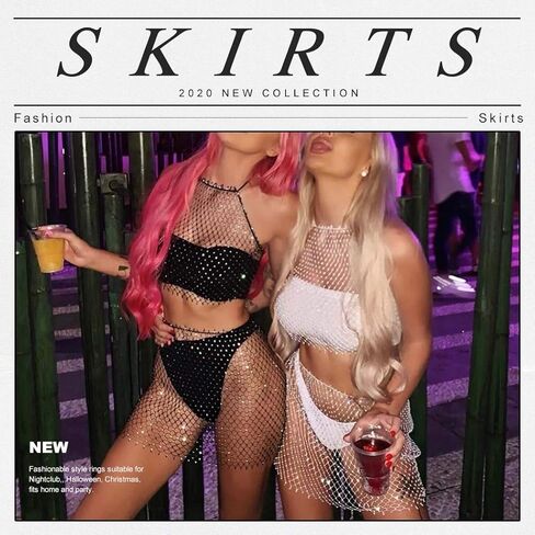 Earent كريستال شبكة التنانير الجسم سلسلة الرقص الشرقي الورك وشاح حجر الراين تنورة الشاطئ زي ملهى ليلي مجوهرات الجسم للنساء والفتيات (أسود) in Kuwait