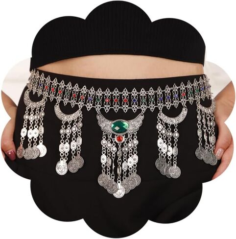 Boho Vintage Metal Chain Belt Rhinestone Crystal Body Chain Silver Coin Pendant Waist Chain Belt Layered Tassel Belly Chain Summer Beach Body Waist Chain for Dresses Jeans Western Cowgirl in Saudi Arabia