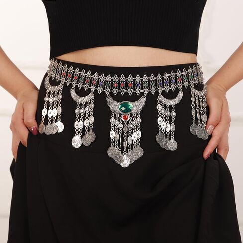 Boho Vintage Metal Chain Belt Rhinestone Crystal Body Chain Silver Coin Pendant Waist Chain Belt Layered Tassel Belly Chain Summer Beach Body Waist Chain for Dresses Jeans Western Cowgirl in Saudi Arabia