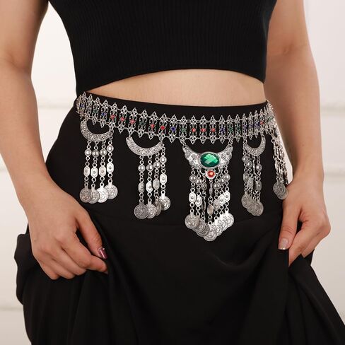 Boho Vintage Metal Chain Belt Rhinestone Crystal Body Chain Silver Coin Pendant Waist Chain Belt Layered Tassel Belly Chain Summer Beach Body Waist Chain for Dresses Jeans Western Cowgirl in Saudi Arabia