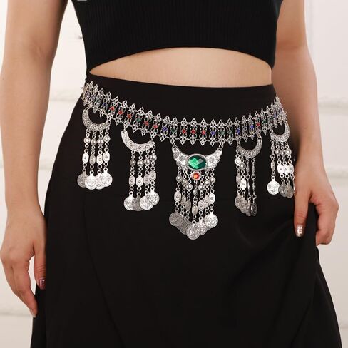 Boho Vintage Metal Chain Belt Rhinestone Crystal Body Chain Silver Coin Pendant Waist Chain Belt Layered Tassel Belly Chain Summer Beach Body Waist Chain for Dresses Jeans Western Cowgirl in Saudi Arabia