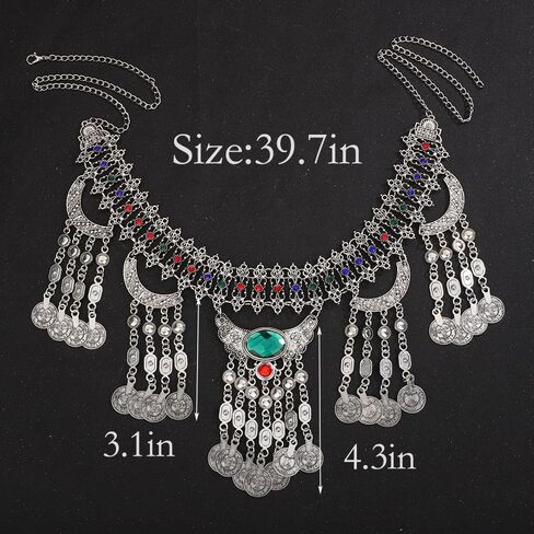 Boho Vintage Metal Chain Belt Rhinestone Crystal Body Chain Silver Coin Pendant Waist Chain Belt Layered Tassel Belly Chain Summer Beach Body Waist Chain for Dresses Jeans Western Cowgirl in Saudi Arabia