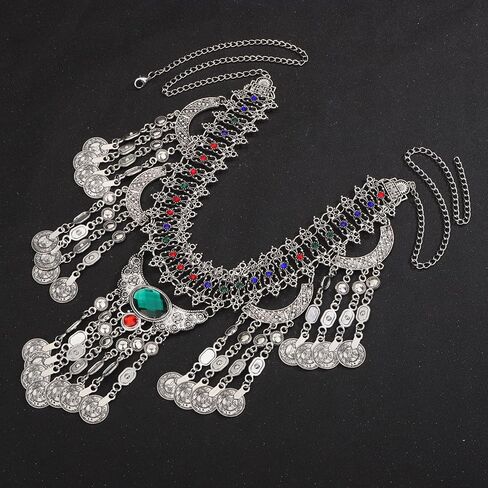 Boho Vintage Metal Chain Belt Rhinestone Crystal Body Chain Silver Coin Pendant Waist Chain Belt Layered Tassel Belly Chain Summer Beach Body Waist Chain for Dresses Jeans Western Cowgirl in Saudi Arabia