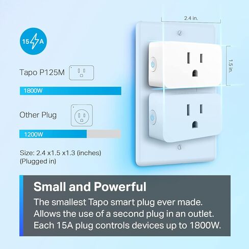 TP-Link Tapo Matter متوافق مع المكونات الذكية الصغيرة، تصميم مضغوط، 15A/1800W كحد أقصى، إعداد سهل للغاية، يعمل مع Apple Home، Alexa وGoogle Home، معتمد من UL، 2.4G Wi-Fi فقط، أبيض، Tapo P125M in Kuwait