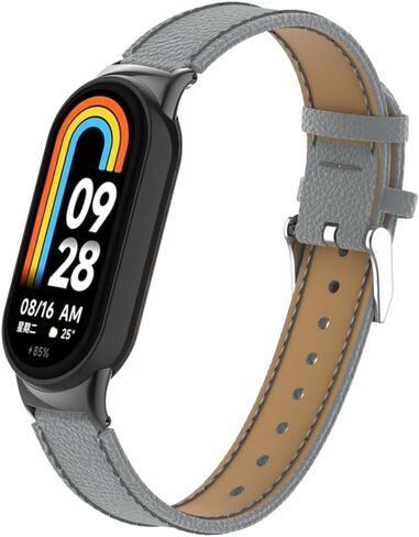 HOPMC Mi Band 8 Fashion Metal Connector Lychee Grain Leather Strap استبدال الأساور حزام متوافق مع Xiaomi Mi Smart Band 8 /8NFC (غير متضمن) in Kuwait